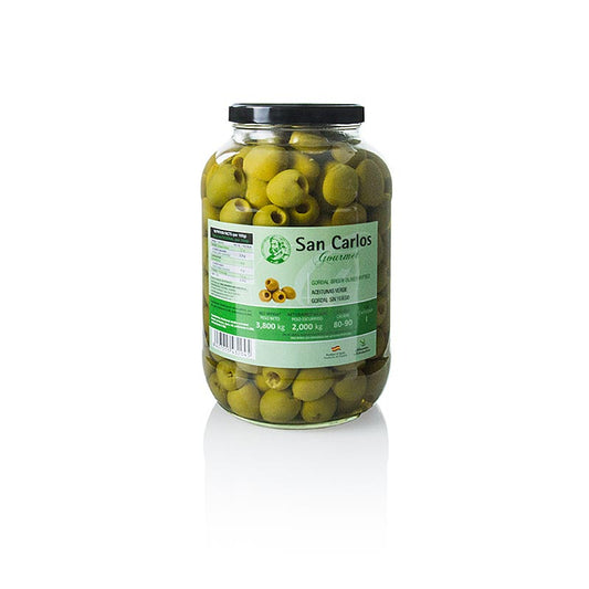 Grüne Oliven ohne Kern, Gordal, San Carlos Gourmet, 3,8 kg - Premium spanische Oliven, sorgfältig ausgewählt und entkernt, ideal für Aperitifs, Salate, Tapas, in praktischer Großpackung für Gastronomen und Olivenliebhaber Erleben Sie den authentischen Geschmack Spaniens