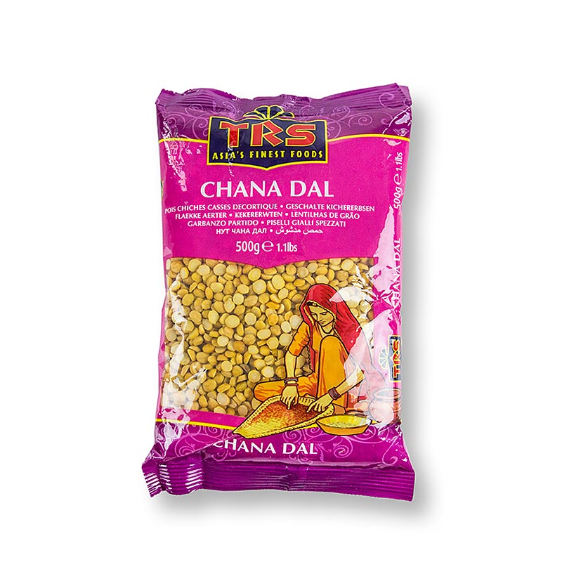 Getrocknete halbierte Kichererbsen (Chana Dal) in einer 500-g-Packung, ernährungsphysiologisch wertvoll, vielseitig verwendbar in indischen, nordafrikanischen und südeuropäischen Küchen Geeignet für Frikadellen, Paste, Brotaufstrich, Dip, Reisgerichte, Couscous, Salate und Suppen