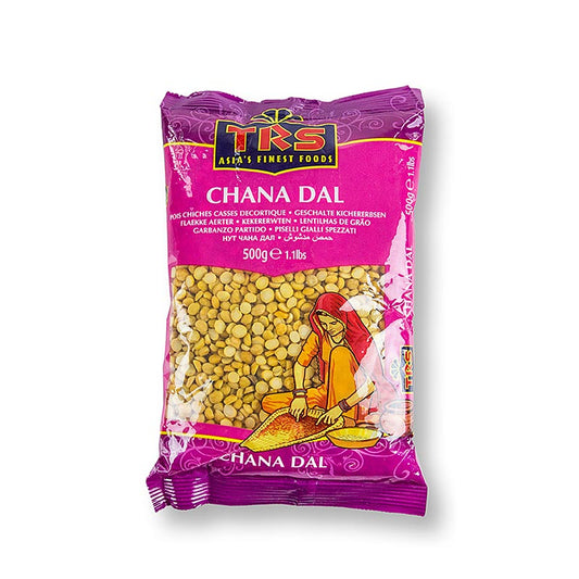 Getrocknete halbierte Kichererbsen (Chana Dal) in einer 500-g-Packung, ernährungsphysiologisch wertvoll, vielseitig verwendbar in indischen, nordafrikanischen und südeuropäischen Küchen Geeignet für Frikadellen, Paste, Brotaufstrich, Dip, Reisgerichte, Couscous, Salate und Suppen