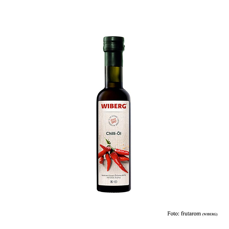 Flasche Wiberg Chili Öl, Natives Oliven-Öl Extra 99% mit Chilli-Aroma, 250 ml, ideal für Gegrilltes, Nudelgerichte und Pizza, leicht-fruchtig nach Oliven, mit intensiver Chilinote