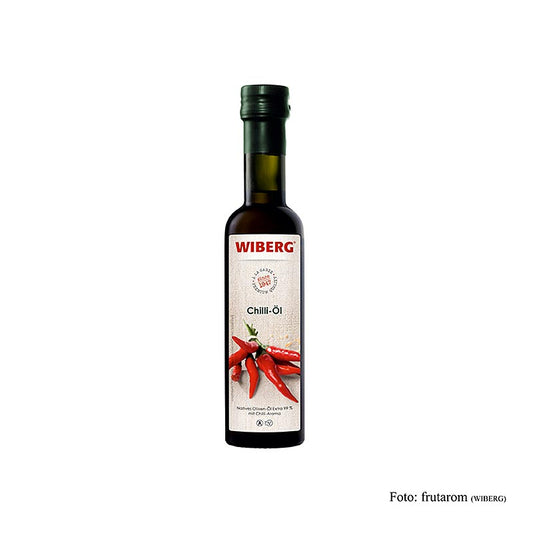 Flasche Wiberg Chili Öl, Natives Oliven-Öl Extra 99% mit Chilli-Aroma, 250 ml, ideal für Gegrilltes, Nudelgerichte und Pizza, leicht-fruchtig nach Oliven, mit intensiver Chilinote