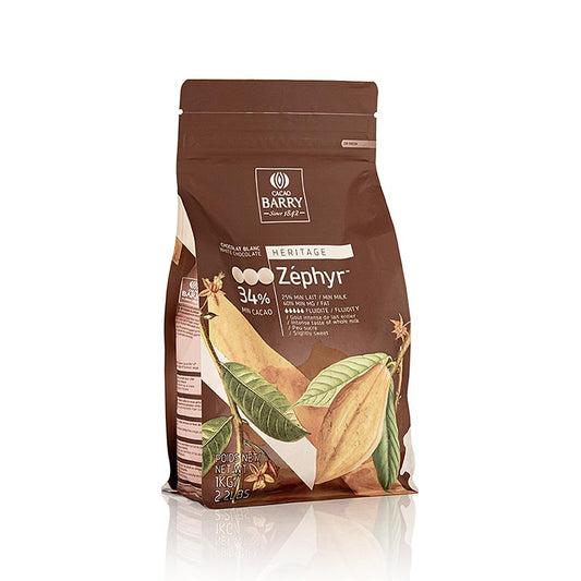 Zéphyr, weiße Schokolade Callets, 34% Kakao, 1 kg - Premium-Schokolade für Desserts, Pralinen und süße Leckereien, leicht zu schmelzen und zu verarbeiten, perfekt für Hobbyköche und professionelle Zuckerbäcker
