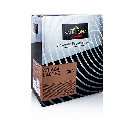 Valrhona Ariaga Lactee, Milchschokolade Couverture, Callets, 38% Kakao, 5 kg - Milchschokolade Kuvertüre mit ausgewogenem Geschmack und subtilem Hauch von Vanille Einstiegskuvertüren von Valrhona, perfekt für den Einstieg in die Welt von Valrhona