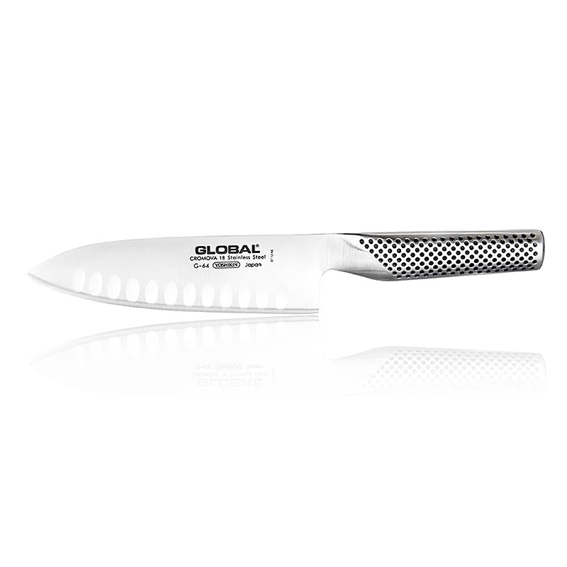 Global G-64 / G-84 Santoku Messer mit Kulle, 16cm, 1 St - Japanisches Kochmesser aus rostfreiem Cromova 18 Stahl, perfekt ausbalanciert mit 16 cm langer Klinge und 12 cm langem Griff, ideal für präzises Schneiden von Fisch, Fleisch und Gemüse