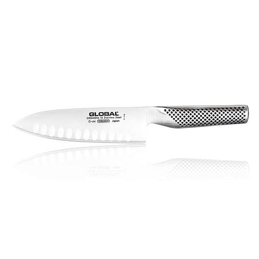 Global G-64 / G-84 Santoku Messer mit Kulle, 16cm, 1 St - Japanisches Kochmesser aus rostfreiem Cromova 18 Stahl, perfekt ausbalanciert mit 16 cm langer Klinge und 12 cm langem Griff, ideal für präzises Schneiden von Fisch, Fleisch und Gemüse