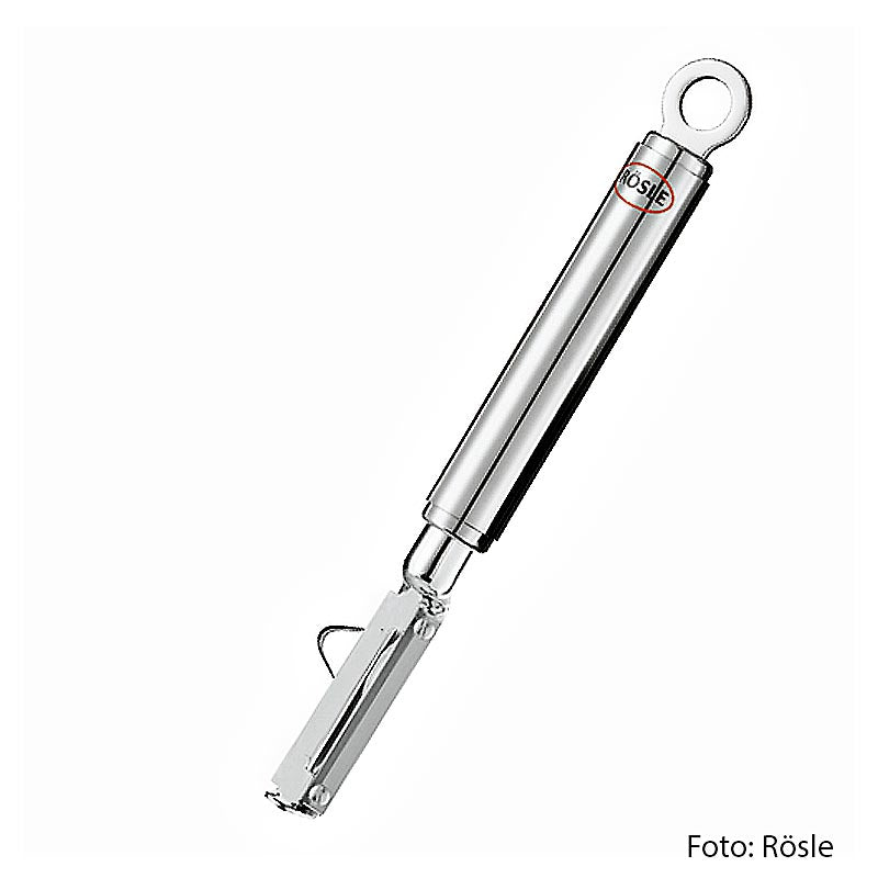 Pendelschäler für Rechtshänder mit beweglicher Klinge, Ausstecher und praktischem Ring Länge: 19 cm, Breite: 2,5 cm, Höhe: 1,9 cm, Gewicht: 0,11 kg, aus hochglänzendem/mattem Edelstahl 18/10, Grifflänge: 10,0 cm, für Lebensmittelkontakt geeignet, nicht für Herd oder Backofen, nicht spülmaschinengeeignet