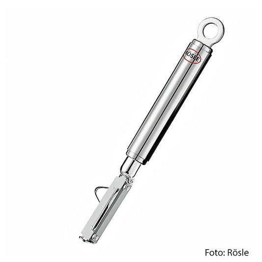 Pendelschäler für Rechtshänder mit beweglicher Klinge, Ausstecher und praktischem Ring Länge: 19 cm, Breite: 2,5 cm, Höhe: 1,9 cm, Gewicht: 0,11 kg, aus hochglänzendem/mattem Edelstahl 18/10, Grifflänge: 10,0 cm, für Lebensmittelkontakt geeignet, nicht für Herd oder Backofen, nicht spülmaschinengeeignet