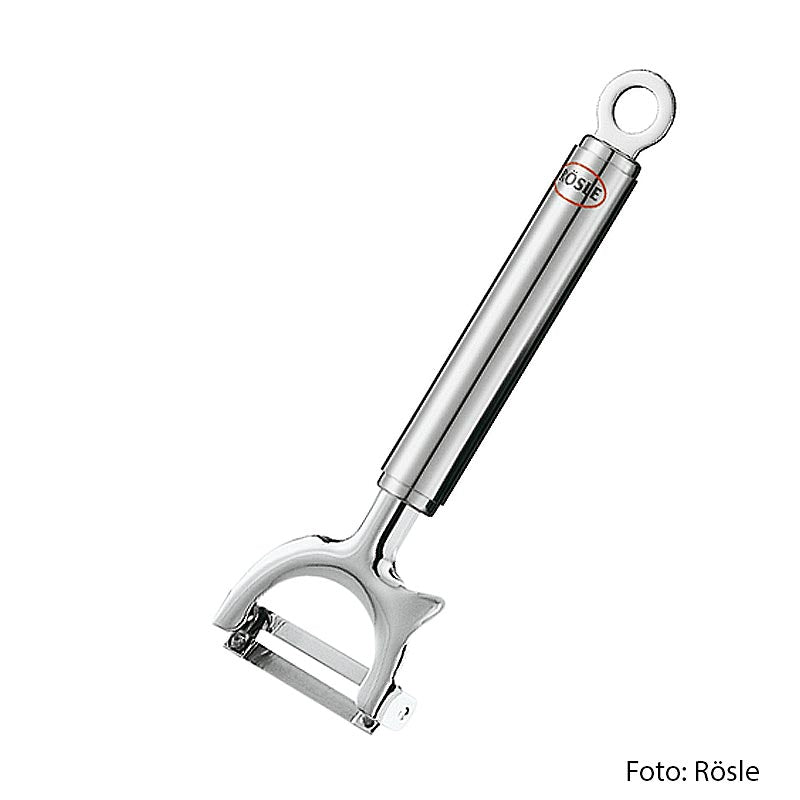 Pendelschäler quer von Rösle, 17cm, geeignet für Gurken, Karotten, Zucchini Geeignet für Rechts- und Linkshänder, Klinge auswechselbar, mit praktischem Ring zum Aufhängen Länge: 17,5 cm, Breite: 6 cm, Höhe: 1,9 cm, Gewicht: 0,115 kg, Material: Edelstahl 18/10, Oberfläche: hochglänzend / matt, Grifflänge: 10,0 cm, Griffdurchmesser: 19 mm, Klingenlänge: 3,2 cm, Spülmaschineneignung: Nein
