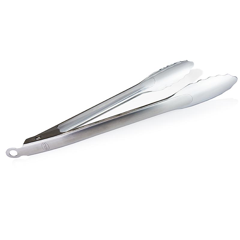 Gourmetzange aus 30 cm langem, rostfreiem Edelstahl mit patentiertem Verschlusssystem Ergonomisch geformt, spülmaschinengeeignet und mit Aufhängering für die Offene Küche