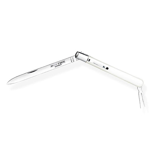 Wurstprobiermesser mit Gabel, 11cm Klinge, rostfreier Edelstahl, Kunststoff-Heft in Perlmuttoptik, 14cm Gesamtlänge, praktisch für unterwegs