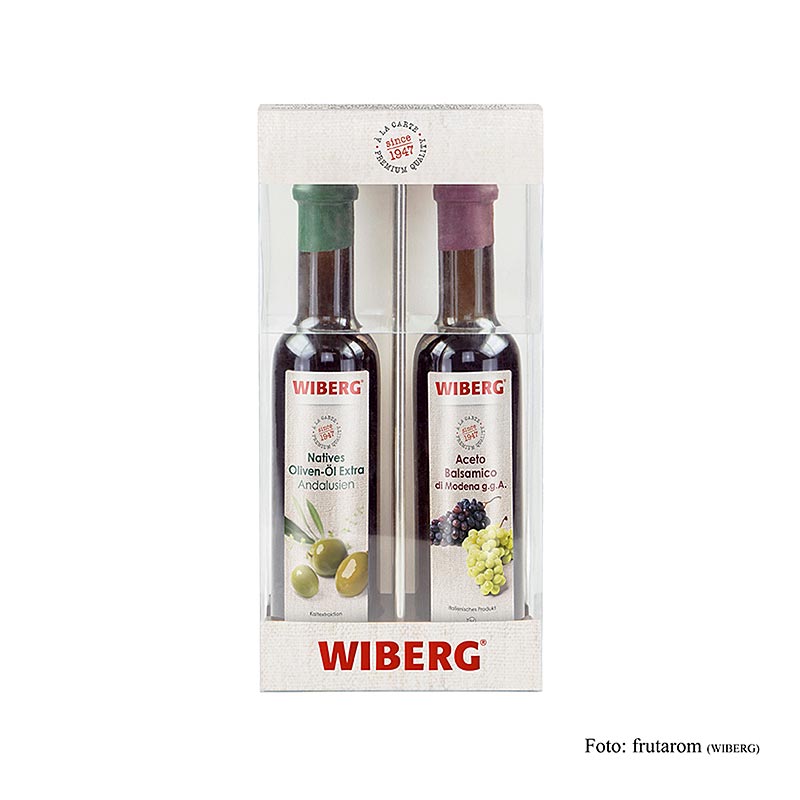 Wiberg Essig Öl Menage, mit Nativen Olivenöl & Aceto Balsamico ggA, 500 ml, 2 x 250ml - A set of two 250ml bottles of high-quality native olive oil and balsamic vinegar