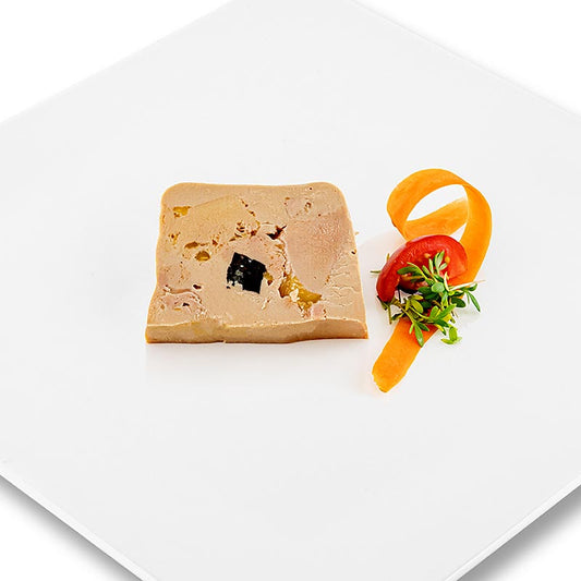 Gänsestopfleberblock mit Stücken, 3% Trüffel, Foie Gras, Trapez, Rougié, 180 g - Produktbeschreibung und Spezialität aus dem Hause Rougié, mit ganzen Stopfleberstücken, delikater Note durch Portwein und ausgewählte Gewürze, Französische Winteredeltrüffel, attraktives Schnittbild in traditioneller Trapezform