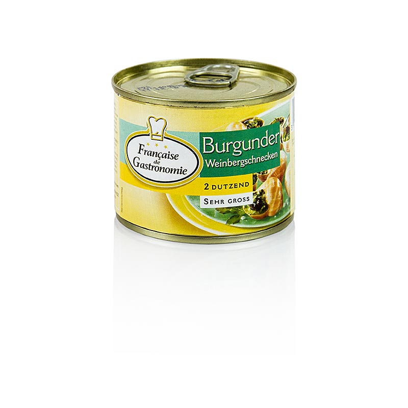 Image en gros plan d'escargots de Bourgogne, très gros, 2 douzaines, Francaise de Gastronomie, 200 g, mettant en valeur la qualité supérieure et la quantité généreuse du produit.