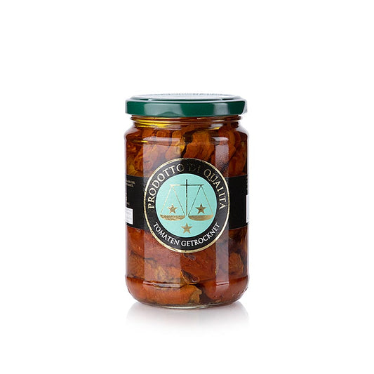 Getrocknete Tomaten in Sonnenblumenöl von La Bilancia, 280 g, eignen sich perfekt als Beilage zu kalten Platten oder zum Verfeinern von Saucen mit ihrem fruchtigen, fleischigen und nicht zu salzigen Geschmack