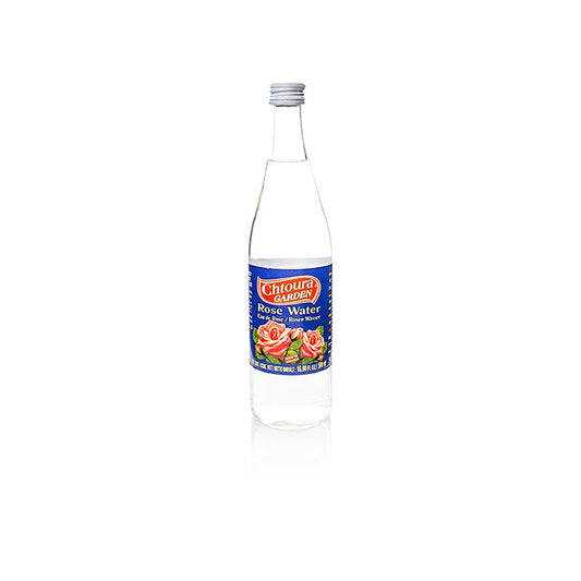 Rosenwasser mit Rosenextrakt, 500 ml, wird aus destilliertem Wasser und Rosenextrakt hergestellt Die zart duftende Flüssigkeit wird häufig in der Küche des Mittleren Ostens verwendet, insbesondere bei Desserts wie Eiscreme, Gebäck und Konfekt wie Türkischer Honig Lieblich-süß im Geschmack