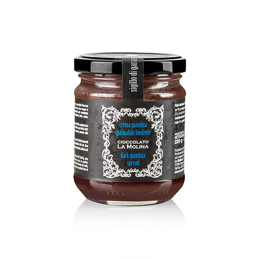 Nussige und zartschmelzende Gianduja Nougat Creme von La Molina, 220 g, aus echten Piemonteser Haselnüssen hergestellt, ideal für vielerlei Gebäcke und Süßspeisen sowie als Highlight zu Käse