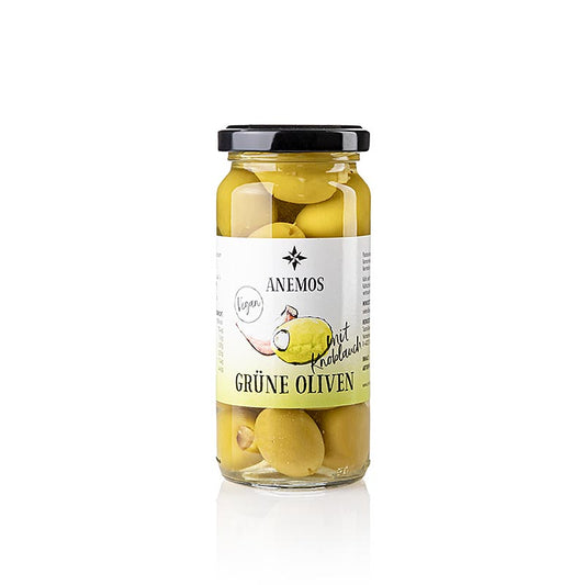 Olive verdi, snocciolate, con aglio, in salamoia, ANEMOS, 227 g