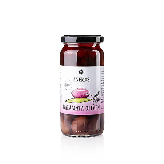 Olive nere, con nocciolo, olive Kalamata, in salamoia, ANEMOS, 227 g