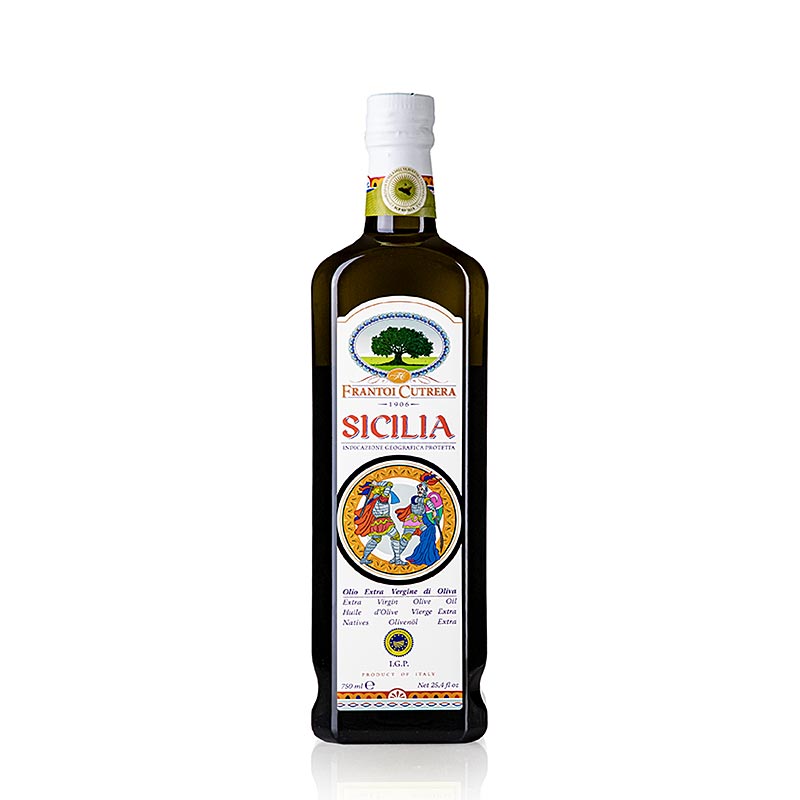Alt Text: Flasche natives Olivenöl Extra, Frantoi Cutrera Sicilia, IGP/ggA, 750 ml, umgeben von Olivenzweigen und einem malerischen sizilianischen Landschaftshintergrund