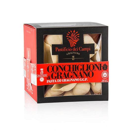 Pastificio dei Campi - No57 Conchiglioni, große Muschel, Pasta di Gragnano, IGP/gU, 500 g - Handgemachte Gragnanopasta aus Hartweizenmehl und lokalem Grundwasser, die beim Kochen al dente bleibt Mit dem Qualitätssiegel IGP