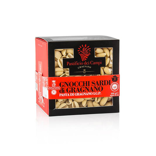 Pastificio dei Campi - No46 Gnocchi Sardi, Pasta di Gragnano, IGP/gU, 500 g: Hochwertige Gragnanopasta mit IGP-Siegel, hergestellt aus lokalem Hartweizenmehl und Wasser, das zur Qualität der Pasta beiträgt