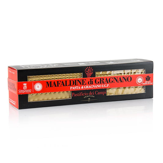 Hochwertige handwerklich hergestellte No20 Mafaldine Pasta aus Gragnano, IGP/gU, 500 g, die reichhaltige Saucen aufnimmt, hergestellt aus bestem Hartweizen und Quellwasser aus der Region