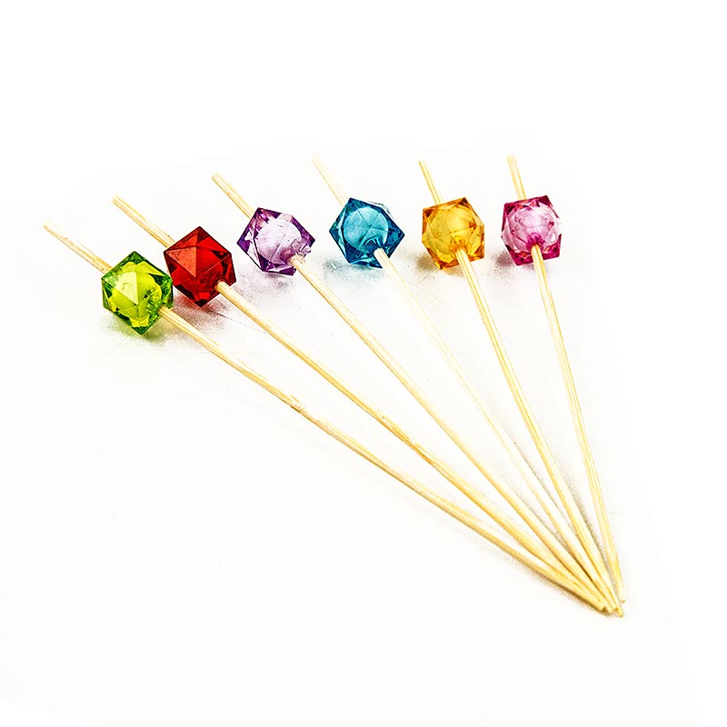 Bambus-Spieße mit bunten Kristall-Quadraten, 12cm Länge, ideal für reizvolles Fingerfood und Snacks