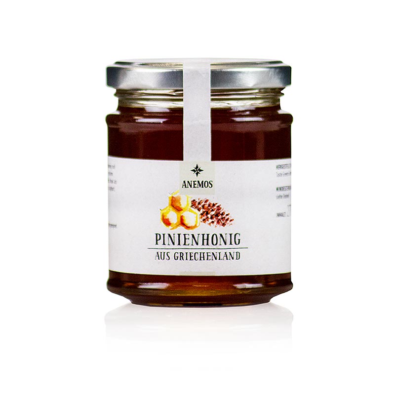 Pinienhonig, ANEMOS, 270 g - Mild würziger Honig mit leicht herbem Aroma und feinem Duft nach Pinienwald, perfekt als Brotaufstrich, in Salatdressings oder zu griechischem Sahnejoghurt Kann kristallisieren, aber einfach in warmem Wasserbad wieder flüssig machen