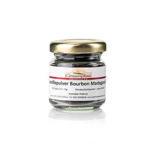 Gemahlenes Bourbon-Vanillepulver aus Madagaskar, Greenplan, 15 g, ideal zum Aromatisieren von Desserts, Torten, Sahne, Eis und herzhaften Saucen zu Fisch- und Krustentiergerichten
