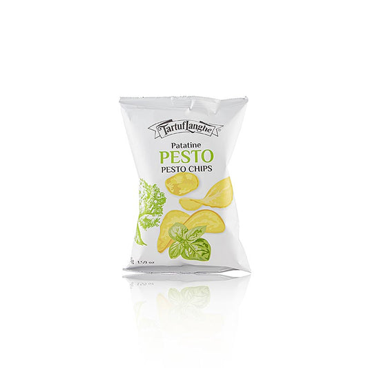 Knusprige Kartoffelchips mit handwerklich hergestelltem Pesto-Geschmack von Tartuflanghe, perfekt als Snack oder Beilage zum Wein, 45 Gramm