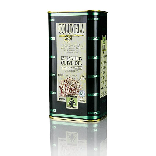 Flasche natives Olivenöl extra, Cuvee Columela, 1 Liter, hergestellt in Spanien, ideal als Essig- und Ölmischung, schonend gepresst für einzigartigen Geschmack