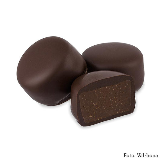 Valrhona Etnao Haselnuss - flüssige Füllung für warme/ kalte Desserts, 720 g, 40 St - Produktillustration für eine neue Produktreihe von Füllungen mit dunklem Schokoladenüberzug, Praliné, Nougat, geröstete Trockenfrüchte, Guanaja und Vollmilch Ganach-Füllungen in Praliné, Passionsfrucht und Kokosnuss, garantierter flüssiger Kern bei Desserts