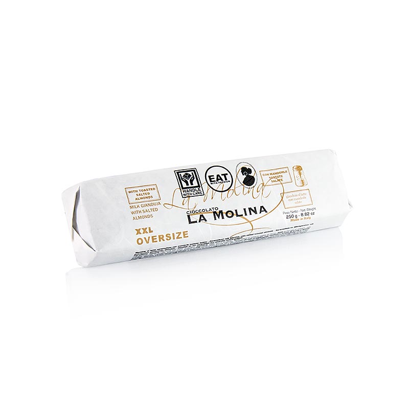 Großer Block aus zartschmelzender Karamell-Milch-Gianduja Masse mit Haselnüssen und gerösteten sowie gesalzenen Mandeln von La Molina, 250 g