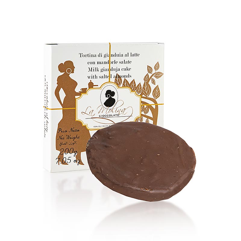Choco Cake, cioccolato al latte gianduja con mandorle salate, Ø 11,5 cm, La Molina, 200 g