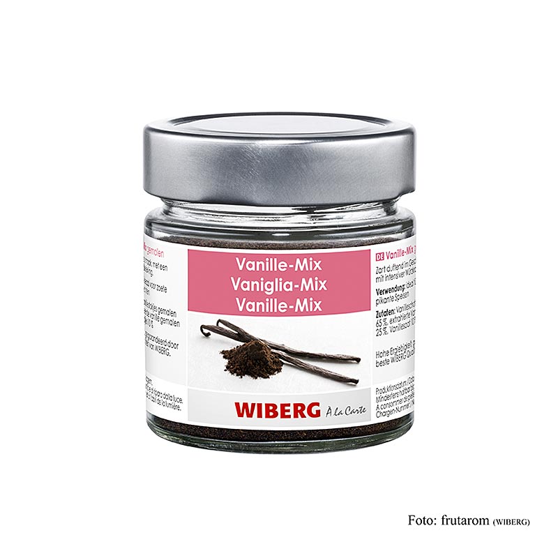 Bild eines 100 g WIBERG gemahlenen Vanille Mix Produkts, ideal für Cremes, Saucen, Aufläufe und Getränke, hergestellt aus 100% echter Vanille