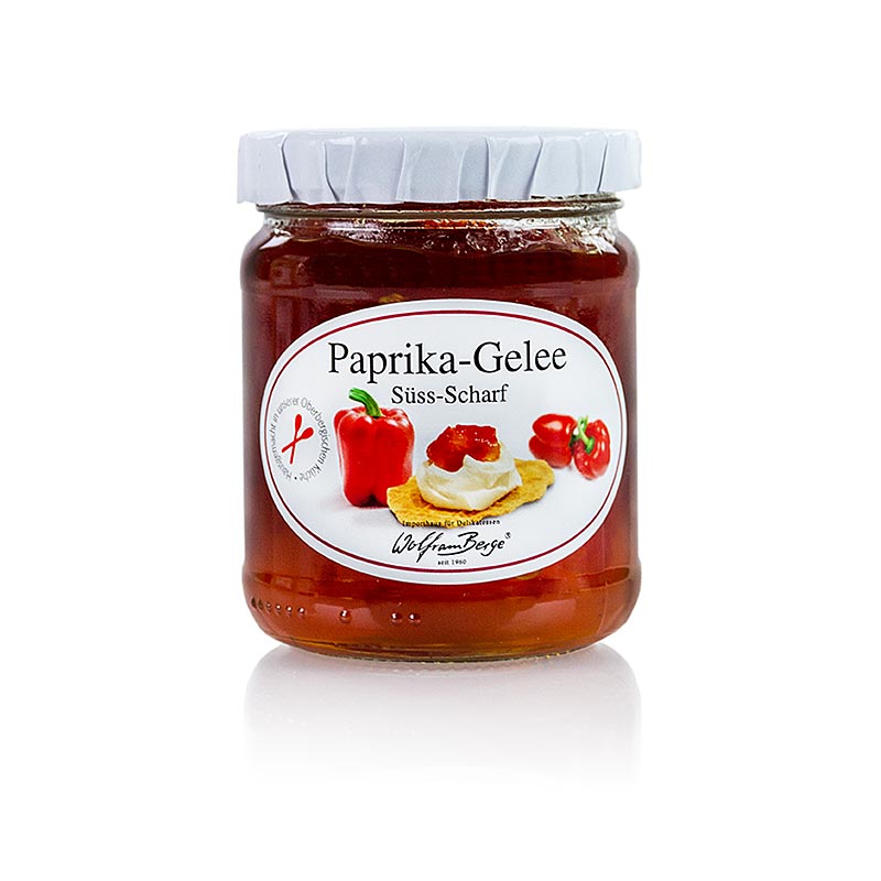 Paprika Gelée, rot, süß-pikant, Wolfram Berge, 225 g - Fruchtiges Gelee mit leichter Schärfe für Crackers, Frischkäse, Raclette und Saucenverfeinerung Ideal als vegetarischer Brotaufstrich!