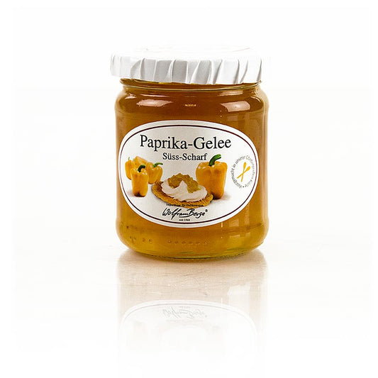 Ein Glas Paprika Gelée, gelb und süß-pikant, hergestellt von Wolfram Berge, 225 g - perfekt zum Verfeinern von Saucen, als Brotaufstrich oder zu Käse und Wurst!