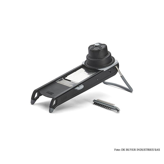 Schwarze deBUYER Mandoline Swing Plus mit horizontalem und Julienne-Schnitt, aus Verbundpolymeren und Edelstahl, leicht, faltbar, rutschfeste Füße, ergonomischer Wagen, Handschutz, maximale Sicherheit, glatte oder gewellte Schnitte, Juliennes, geprägte Schnitte durch Doppelklinge und Doppelkammsystem