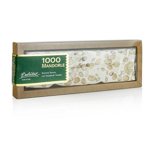 Leckere italienische Torrone - 1000 Mandel weicher Riegel, 180 g: Genießen Sie den Geschmack der süßen Patisserie und der knusprigen Dessertsiruparomen in unserem weichen Riegel, der aus 1000 Mandeln besteht Unvergessliches Gebäckerlebnis!