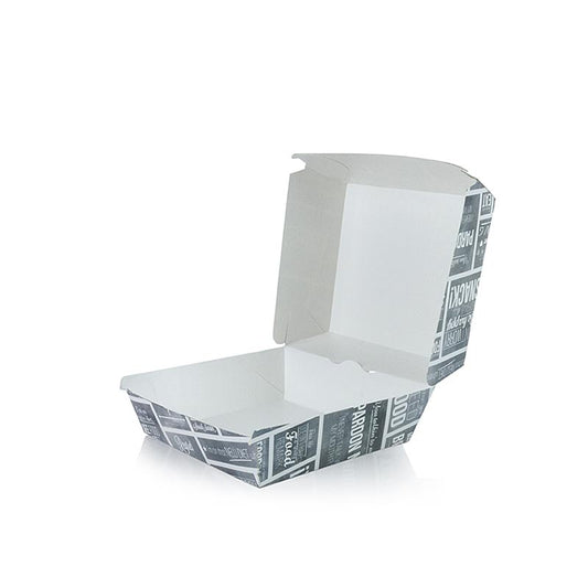 Eine Einweg-Burger-Box S aus Pappe mit Kreide-Konzept für Grill- und Picknick-Events Maße: 90x90x70mm, leicht zu transportieren