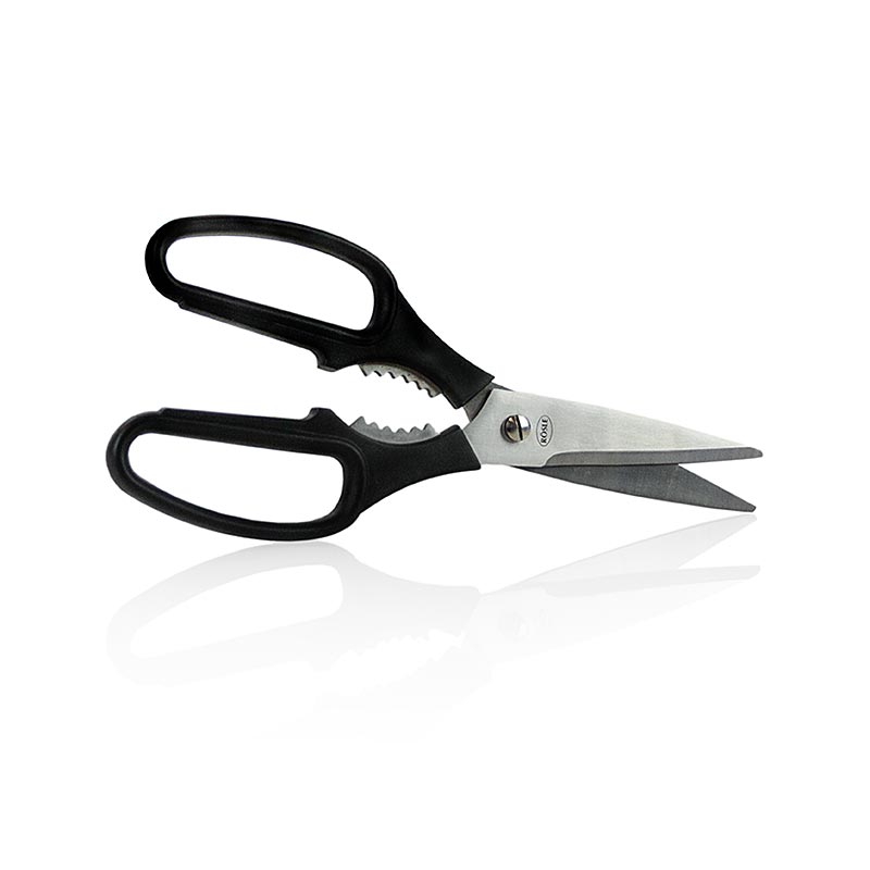 Rösle Küchenschere, 22cm, 1 St: Hochwertige Edelstahlschneide mit Mikrozahnung für präzises Schneiden in der Küche, auch von dünnen Folien und Stoffen Flexibler Kunststoffgriff, zerlegbar zur einfachen Reinigung, auch für Linkshänder geeignet