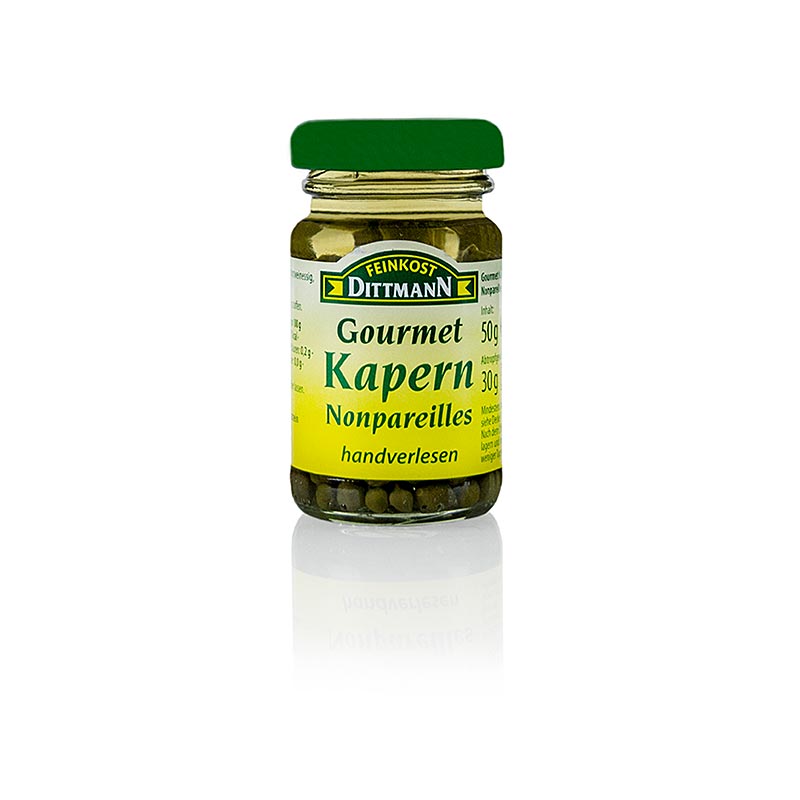 Kapern Nonpareilles, ø 4-7mm, Dittmann, 50 g - Eine Packung mit 50g Kapern Nonpareilles von Dittmann, mit einem Durchmesser von 4-7mm