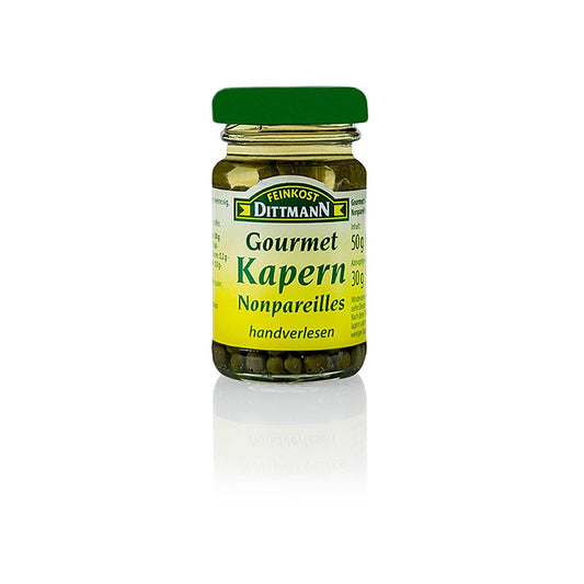Kapern Nonpareilles, ø 4-7mm, Dittmann, 50 g - Eine Packung mit 50g Kapern Nonpareilles von Dittmann, mit einem Durchmesser von 4-7mm