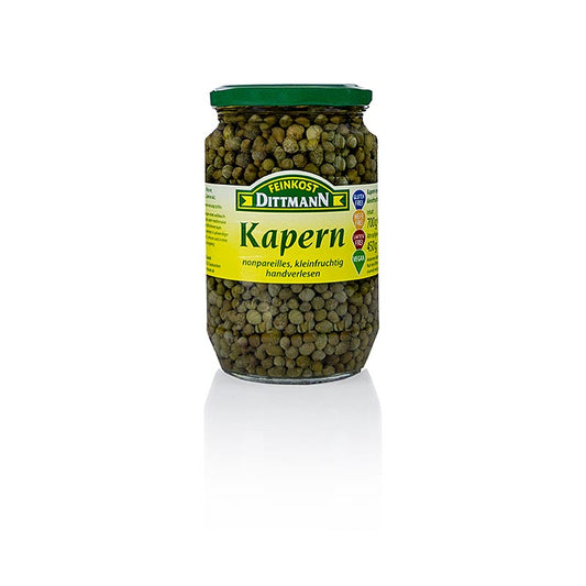 Kapern Nonpareilles, ø 4-7mm, Dittmann, 700 g - Eingelegte Blütenknospen des Kapernstrauchs, würzig-herb mit schwach-bitterem und leicht scharfem Geschmack, ideal als Beilage zu Mayonnaisen, Salaten und kalten Saucen in der mediterranen Küche