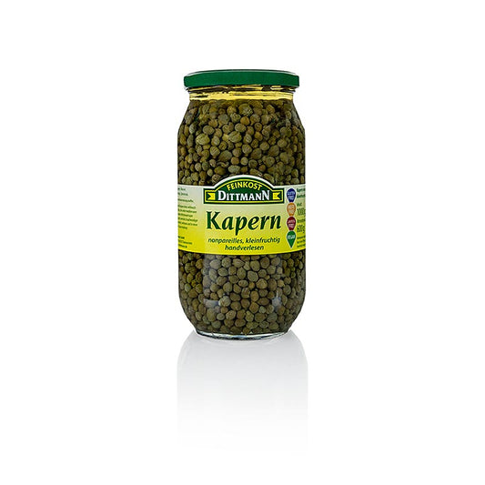 Eingelegte Kapern in Wasser, Weinessig und Speisesalz, ideal als Beilage zu Mayonnaisen, Salaten und kalten Saucen, charakteristisch für mediterrane Küche