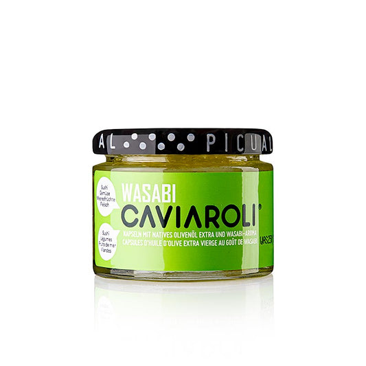 Kleine Perlen aus Olivenöl mit Wasabi, vegan und aromatisch, Caviaroli® Olivenölkaviar, 50 g