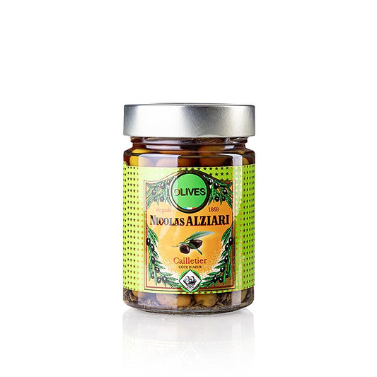 Oliven Mischung, grüne & schwarze Cailletier, mit Kern, eingelegt, Alziari, 220 g