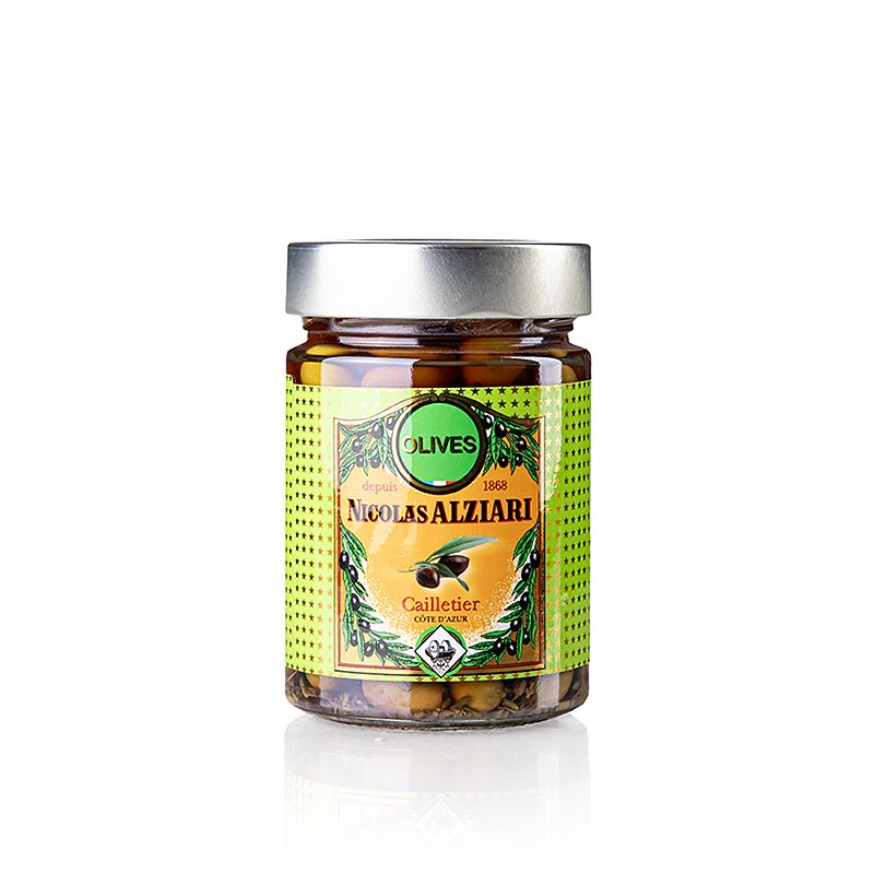Eingelegte grüne und schwarze Cailletier Olivenmischung mit Kern, aromatisch und herbe Note, ideal für Aperitif, Pizza und Salat Nicoise