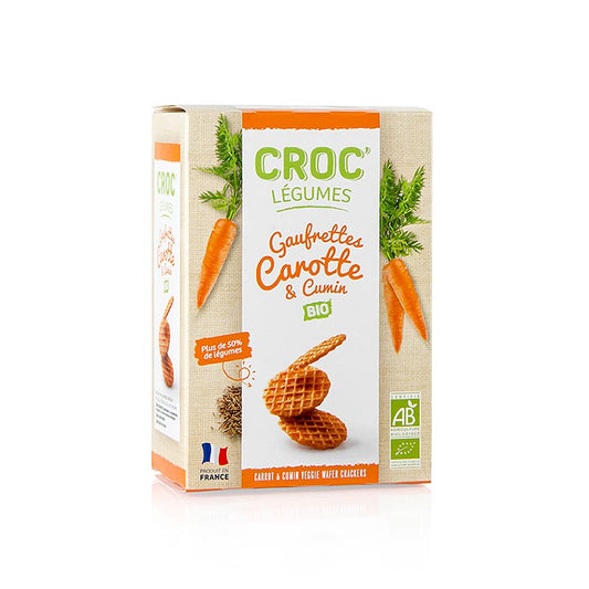 Bio Mini-Waffeln mit Karotte und Kreuzkümmel, ideal zum Belegen und Verfeinern mit Käsecreme, Antipasti, Schinken, Wurstwaren oder eingelegtem Fisch, auch perfekt mit einem Dip