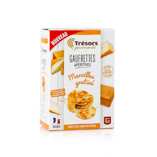 Barsnack Trésors - Gaufrettes, franz Mini-Waffeln mit Maroilles Käse, 60 g - Leckere Mini-Waffeln, die mit verschiedenen Belägen wie Käsecreme, Antipasti, Schinken, Wurstwaren oder eingelegtem Fisch verfeinert werden können, oder auch einfach mit einem Dip serviert werden können